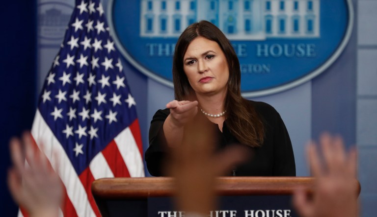 Sanders pointed to herself in her response to concern about President Trump's 97.6 percent rate of male appointments. (AP Photo/Carolyn Kaster)
