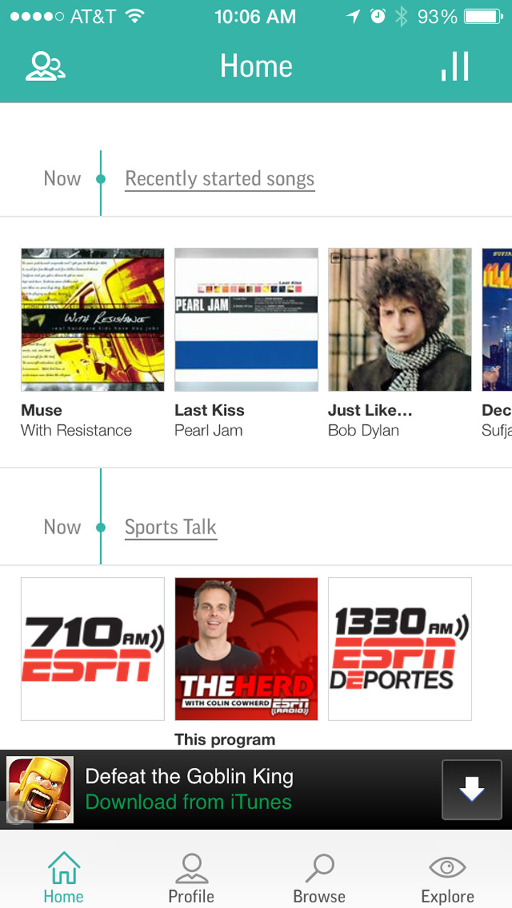 The app for the Internet radio service TuneIn is seen on an iPhone, Tuesday, May 6, 2014. In a new feature update that went live Wednesday, Internet radio service TuneIn is offering a way to see which songs have just started on 100,000 radio stations around the world, allowing a listener to tune in soon after the song starts. (AP Photo/Ryan Nakashima)