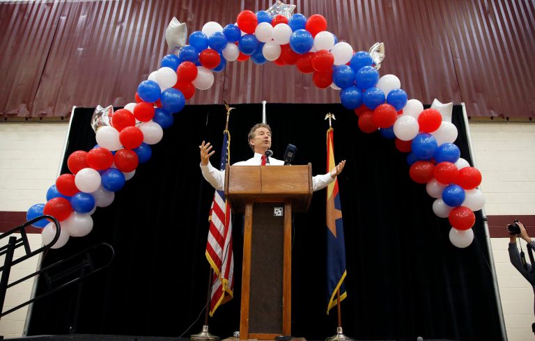 Framed by balloons, Republican presidential hopeful Sen. Rand Paul, R-Ky., speaks at Arizona State University Friday, May 8, 2015, in Tempe, Ariz. (AP Photo/Ross D. Franklin)
