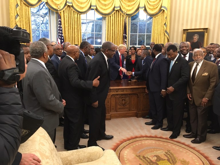 A pool photo shows Trump in the Oval Office surrounded by the leaders. (White House Press Pool)