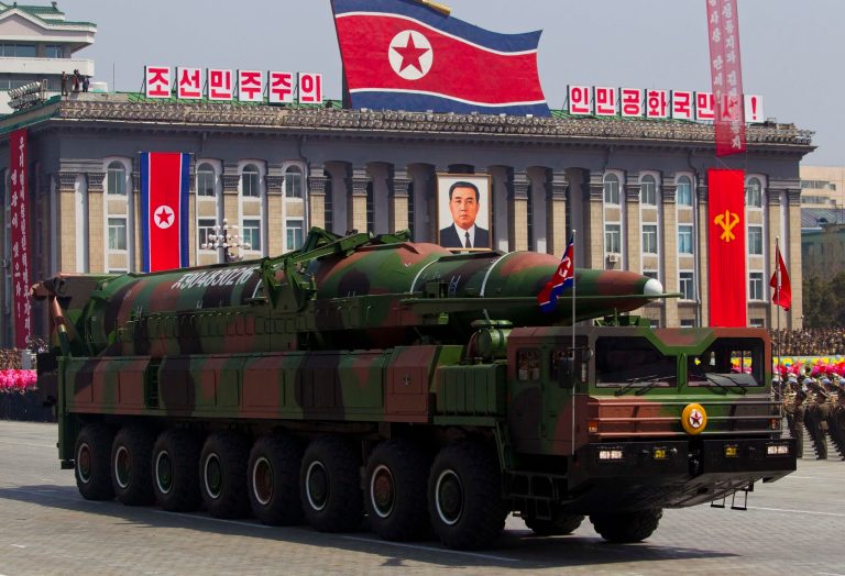 FILE - In this Sunday, April 15, 2012 file photo, a North Korean vehicle carrying a missile passes by during a mass military parade in Pyongyang's Kim Il Sung Square to celebrate the centenary of the birth of the late North Korean founder Kim Il Sung. North Korea has moved a missile with 