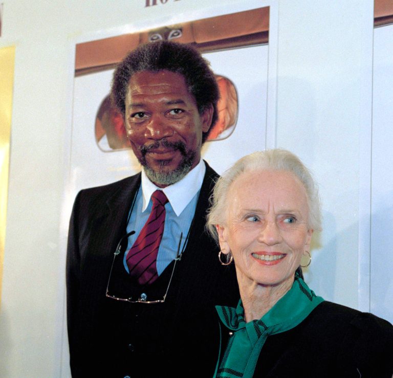 Actors Jessica Tandy, right, and Morgan Freeman pose for photographers during a press conference in West Berlin, Feb. 16, 1990. Tandy and Freeman co-star in the film 