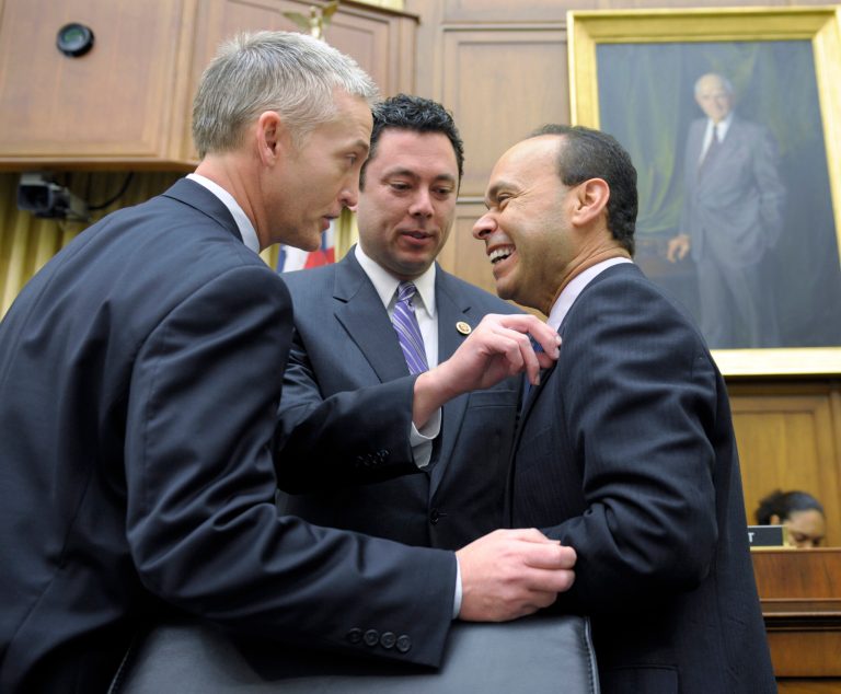   FILE- In this Feb. 5, 2013, file photo House Judiciary Committee member Rep. Jason Chaffetz, R-Utah, center, Rep. Luis Gutierrez, D-Ill., right, and Rep. Trey Gowdy, R-S.C., share a laugh prior to their committee hearing on immigration reform on Capitol Hill in Washington. The question central to immigration legislation is whether the 11 million immigrants already in the US illegally should get a path to citizenship. The answer from a small but growing number of House Republicans is 
