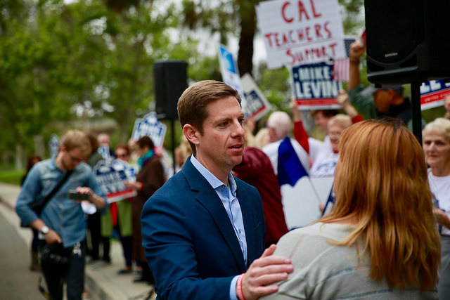 Democrat Mike Levin greets supporters in the 49th Congressional District.