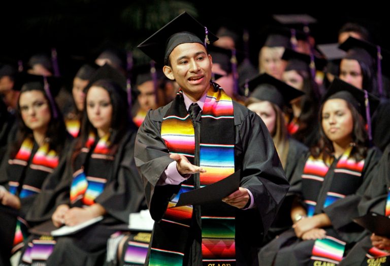 Brownie Sibrian, soon to graduate from Whittier College, gives a valedictory speech at a Latino pre-graduation celebration in 2010.Â More Hispanic students are enrolling in college, but a disproportionate number are leaving with debt instead of degrees. (AP Photo/Reed Saxon)
