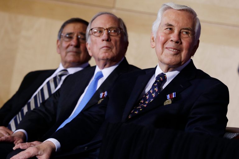   Sen. Dick Lugar, R-Ind., right, former Sen. Sam Nunn, D-Ga., center, and Defense Secretary Leon Panetta, left, listen as President Barack Obama, not pictured, speaks at the Nunn-Lugar Cooperative Threat Reduction (CTR) symposium being held at the National Defense University at Fort McNair in Washington, Monday, Dec. 3, 2012.(AP Photo/Charles Dharapak)  