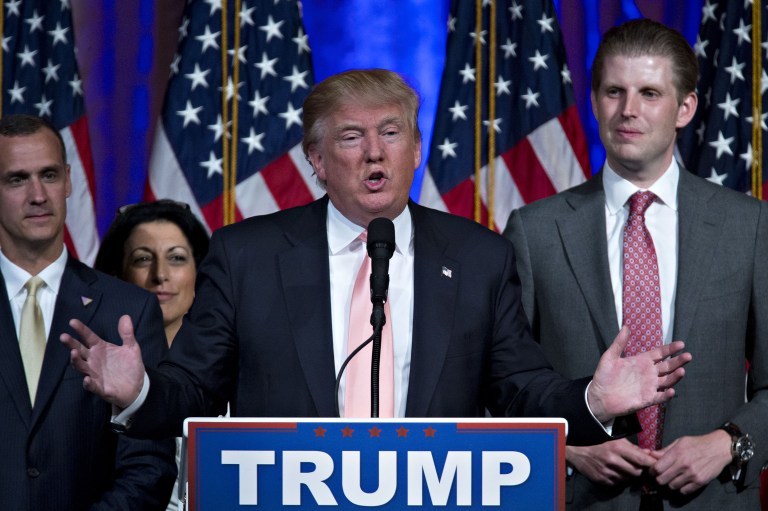 Corey Lewandowski, left, who was fired from Donald Trump's campaign Monday, said the businessman planned to hire between 100 and 150 new staff members in the next 30 days. (Andrew Harrer/Bloomberg)