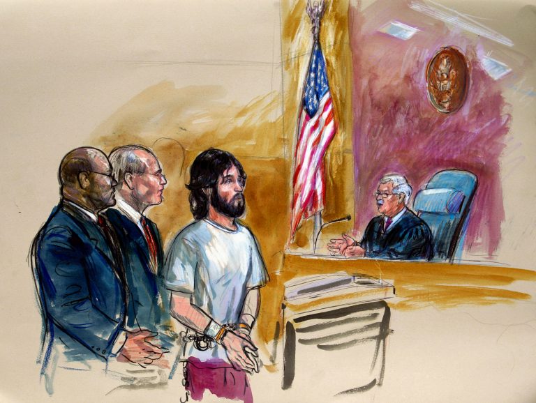   FILE - This Nov. 21, 2011 file artist rendering shows accused White House shooter Oscar Ramiro Ortega-Hernandez, center, before Magistrate Judge Alan Kay, left, in federal court in Washington. A lawyer for an Idaho man charged with trying to assassinate President Barack Obama by shooting an assault rifle at the White House says a possible plea deal is in the works. Oscar Ramiro Ortega-Hernandez is scheduled to be tried later this month for the 2011 shooting. It didn't injure anyone but left more than five bullet marks on the executive mansion. On Friday, one of Ortega-Hernandez's lawyers told a judge in Washington that he was 