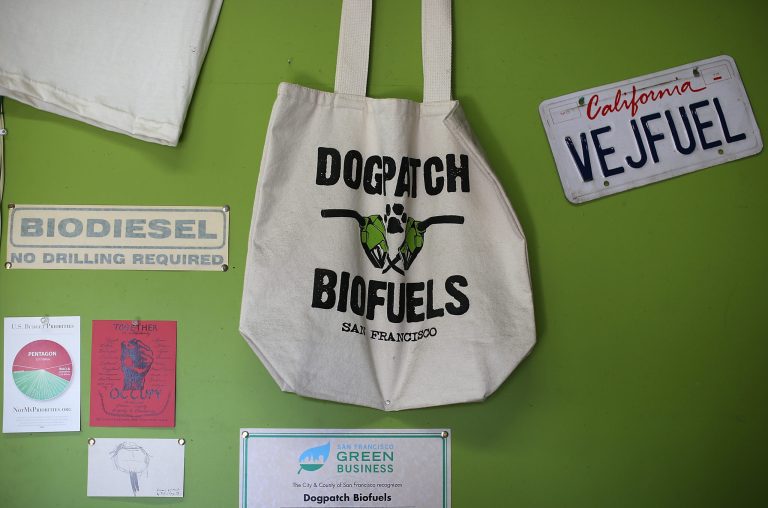 Biofuel related items are displayed on the wall at Dogpatch Biofuels on March 22, 2013 in San Francisco, California. (Photo by Justin Sullivan/Getty Images)