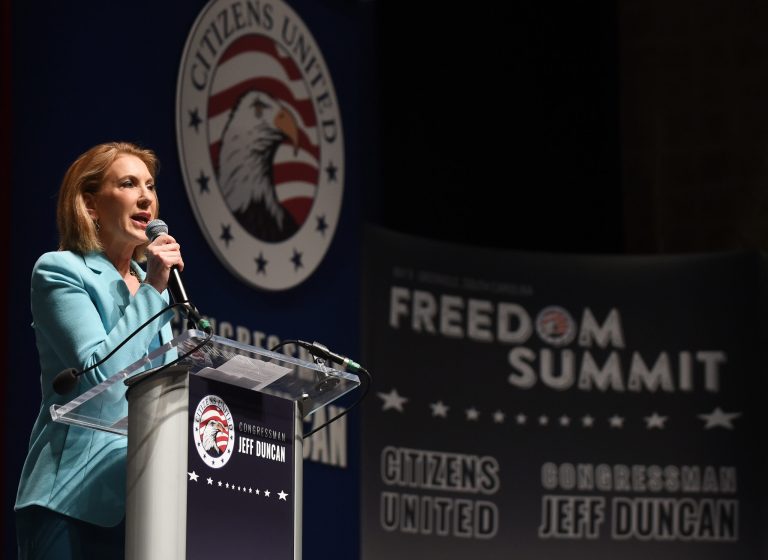 Republican presidential candidate Carly Fiorina speaks at the Freedom Summit, Saturday, May 9, 2015, in Greenville, S.C. Republicans making their pitch to be the party's 2016 presidential nominee aimed to out-do each other Saturday in arguing that President Barack Obama is a failed leader. (AP Photo/Rainier Ehrhardt)