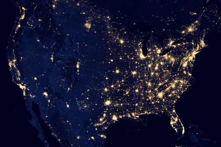   This NASA image from a composite assembled from data acquired by the Suomi NPP satellite in April and October 2012 shows the United States at night The image was made possible by the new satelliteâs âday-night bandâ of the Visible Infrared Imaging Radiometer Suite (VIIRS), which detects light in a range of wavelengths from green to near-infrared and uses filtering techniques to observe dim signals such as city lights, gas flares, auroras, wildfires, and reflected moonlight. (AP Photo/NASA)  