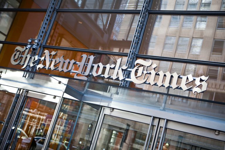 The New York Times logo is seen on the headquarters building on April 21, 2011 in New York City. (Photo by Ramin Talaie/Getty Images)