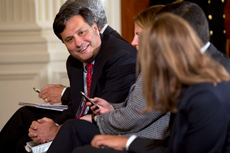 Ebola Response Coordinator Ron Klain talks before an event with President Barack Obama and American health care workers fighting Ebola, Wednesday, Oct. 29, 2014, in the East Room of the White House in Washington. (AP Photo/Jacquelyn Martin)
