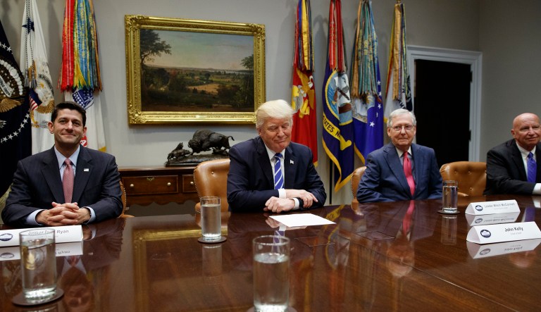 President Trump met with House Speaker Paul Ryan, Senate Majority Leader Mitch McConnell, and Rep. Kevin Brady on tax reform in the White House. (AP Photo/Evan Vucci)