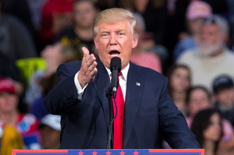 Republican presidential candidate Donald Trump speaks during a campaign rally, Monday, Oct. 10, 2016, in Ambridge, Penn. (AP Photo/ Evan Vucci)