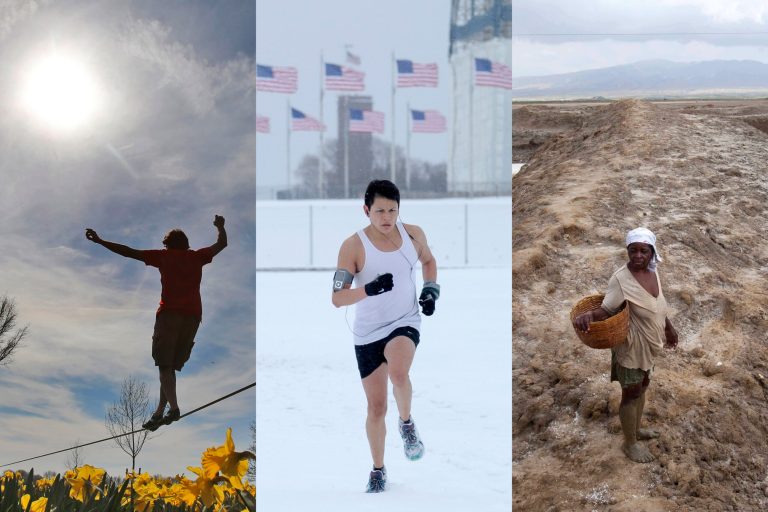 In this combination of March 2014 photos, a slackline walker enjoys the sunny and warm weather in Duesseldorf, Germany; a jogger runs on the snow-covered grounds of the Washington Monument in Washington; and a worker, suffering from heat exhaustion, leaves her shift early at the salt evaporation ponds in Anse-Rouge, Haiti. U.S. federal forecasters calculated that for most of the Earth, March 2014 was one of the hottest Marchs on record - except in the United States. The National Oceanic and Atmospheric Administration said March 2014 was the fourth hottest March in 135 years of records. The global temperature was 1.3 degrees Fahrenheit warmer than the 20th century average. (AP Photo/Frank Augstein, Susan Walsh, Dieu Nalio Chery)