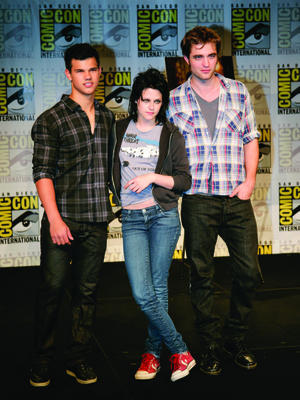 Taylor Lautner, left, Kristen Stewart, center, and Robert Pattinson, right, stars of the 