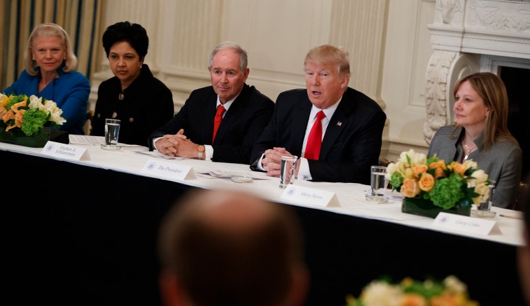 The Strategy and Policy Forum, made up of business leaders such as General Motors CEO Mary Barra and JPMorgan Chase CEO Jamie Dimon, agreed Wednesday to dissolve. (AP Photo/Evan Vucci)