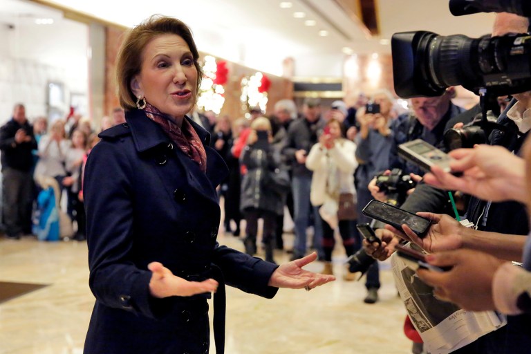Carly Fiorina stops to talk with the press in the lobby of Trump Tower, after her meeting with President-elect Donald Trump, in New York, Monday, Dec. 12, 2016. (AP Photo/Richard Drew)