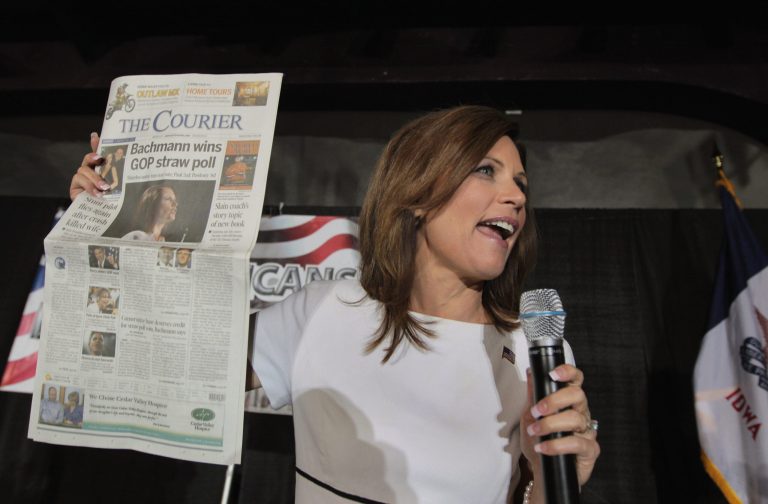 Michele Bachmann wonÂ the last straw poll with 28.6 percent. That turned out to be her high point in the race. (Getty Image)