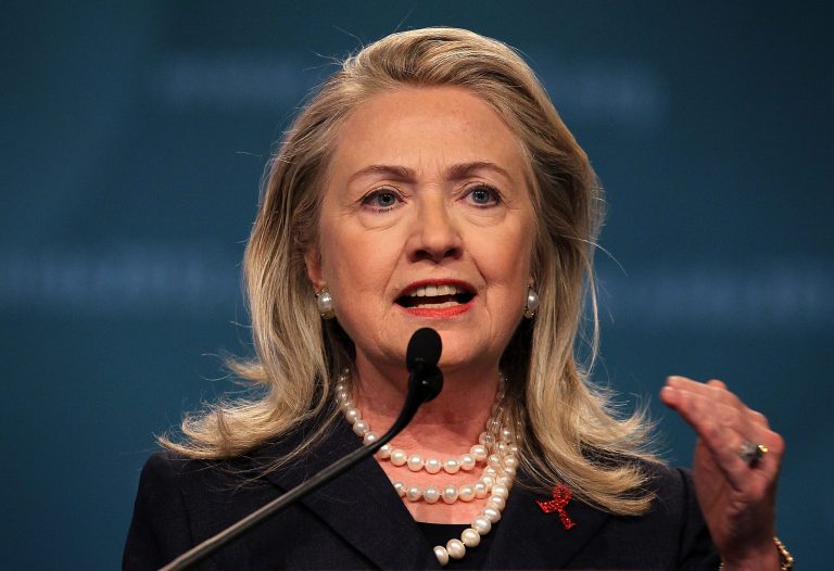 Hillary Clinton delivers remarks at the opening plenary of the 19th International AIDS Conference July 23, 2012 in Washington. (Photo by Alex Wong/Getty Images)