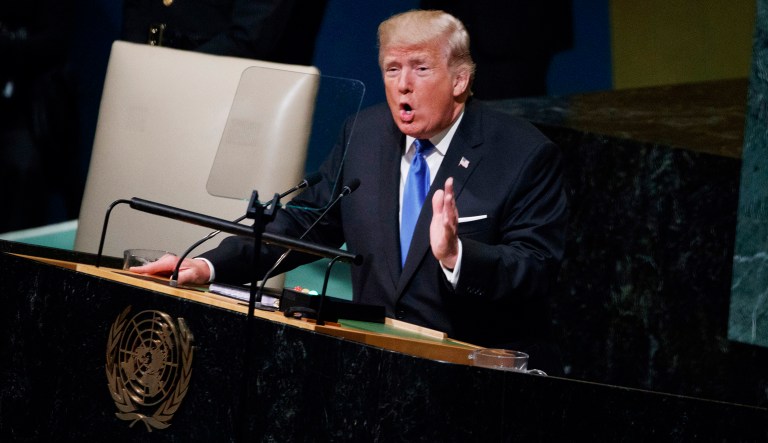 Trump spared no ire in confronting the efforts of North Korean leader Kim Jong Un to acquire an intercontinental ballistic missile plus nuclear warhead capability. (AP Photo/Evan Vucci)