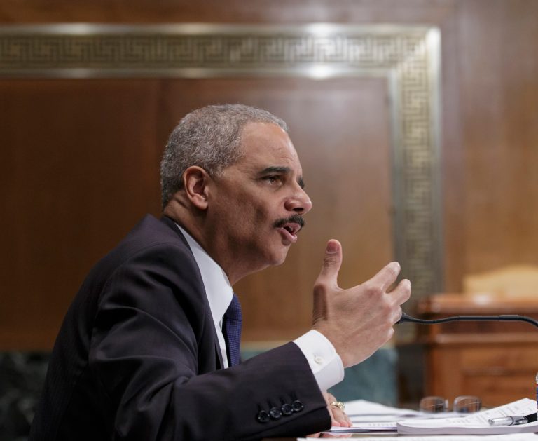 Attorney General Eric Holder testifies on Capitol Hill in Washington, Thursday, April 3, 2014, before a Senate Appropriations subcommittee hearing on proposed budget estimates for fiscal year 2015 for the Justice Department. (AP Photo/J. Scott Applewhite)