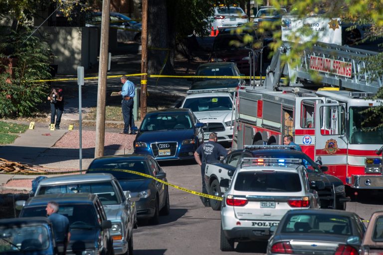 The suspect opened fire on officers, and the officers responded in kind, police said. (Christian Murdock/The Gazette via AP)
