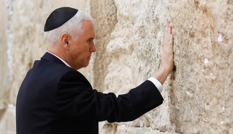 Vice President Mike Pence touches the Western Wall, Judaism's holiest prayer site, in Jerusalem's Old City. (Ronen Zvulun/Pool photo via AP)