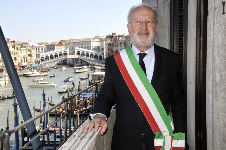 In this photo taken on April 8, 2010, Venice's Mayor Giorgio Orsoni is pictured at Ca Farsetti palace in Venice, Italy. Italian authorities Wednesday, June 4, 2014 have arrested the mayor of Venice and 35 others in a sweeping corruption investigation related to the construction of underwater barriers to protect the historic city from flooding. Italian financial police confirmed Mayor Giorgio Orsoni's arrest Wednesday but had no further details. The arrests were the result of a three-year investigation by the financial police that led to the arrest last summer of the head of the consortium building the ambitious but long-delayed system of so-called Moses barriers. Authorities say 20 million euros ($27 million) was diverted abroad for the purpose of bribing politicians. (AP Photo/Luigi Costantini)