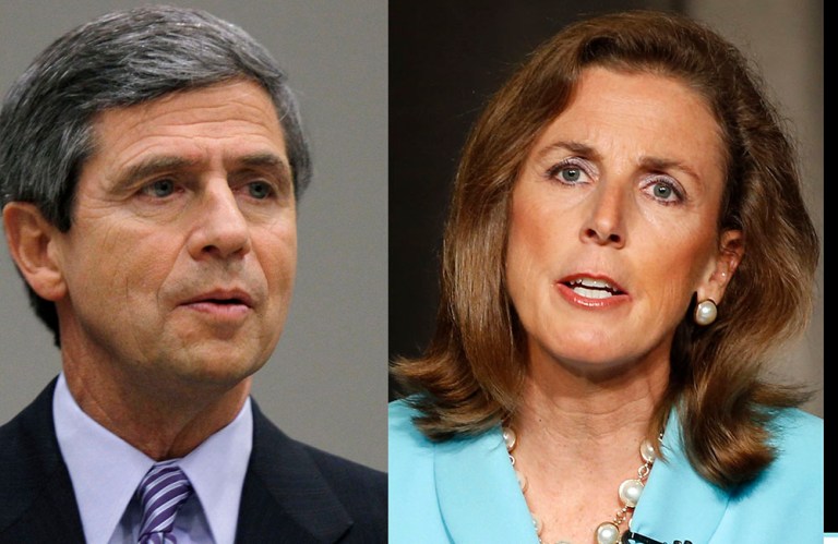 Katie McGinty and Joe Sestak face off Tuesday in a race pitting the Democratic establishment against a now-reviled politician. (AP Photo)