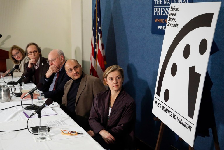 The Doomsday Clock was last moved January 2015, from five minutes to three minutes before midnight, the closest it has been to catastrophe since the days of hydrogen bomb testing. (AP Photo/Alex Brandon)