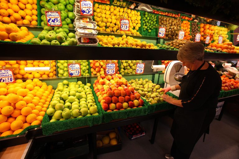 Fruit and vegetables are displayed at Bolton Market as figures for the Uk inflation rate show that it continues to slow on August 17, 2010 in Bolton, United Kingdom. (Photo by Christopher Furlong/Getty Images)