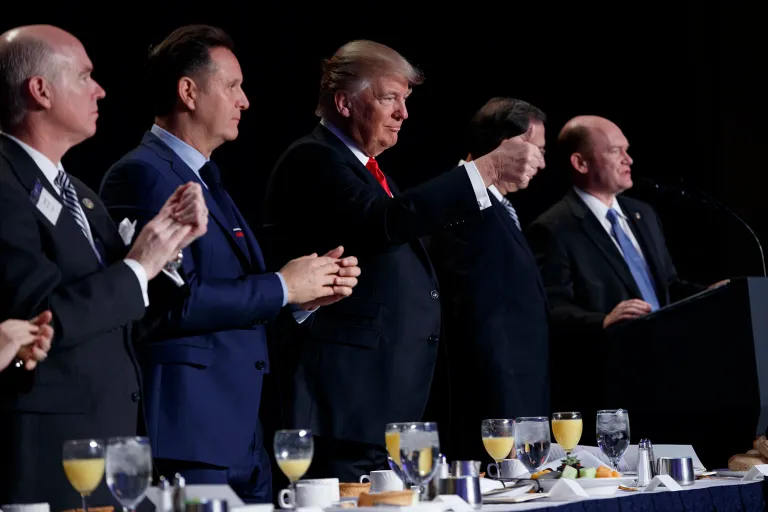 President Donald Trump gives a thumbs up during the National Prayer Breakfast, Thursday, Feb. 2, 2017, in Washington. (AP Photo/Evan Vucci)