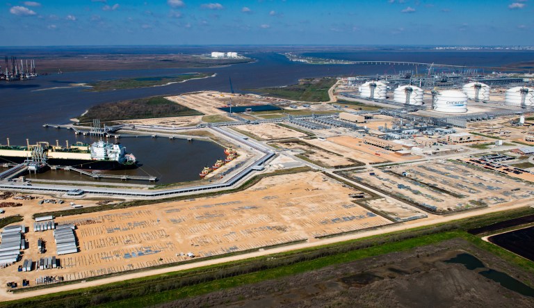 An LNG carrier ship sits docked at the Cheniere Energy Inc. terminal. Cheniere Energy agreed to supply China's state-owned energy company with 1.2 million tons of liquefied natural gas per year through 2043. (Lindsey Janies/Bloomberg)