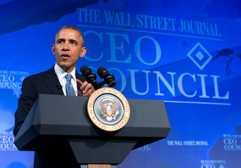 PresidentÃÂ ObamaÃÂ gestures while speaking at the Wall Street Journal CEO Council annual meeting in Washington on Tuesday. (AP/ Evan Vucci)