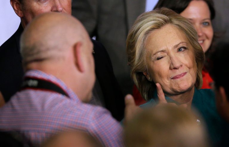 Democratic presidential candidate Hillary Rodham Clinton winks at a supporter following a rally, Sunday, June 14, 2015, in Des Moines, Iowa. (AP Photo/Charlie Neibergall)