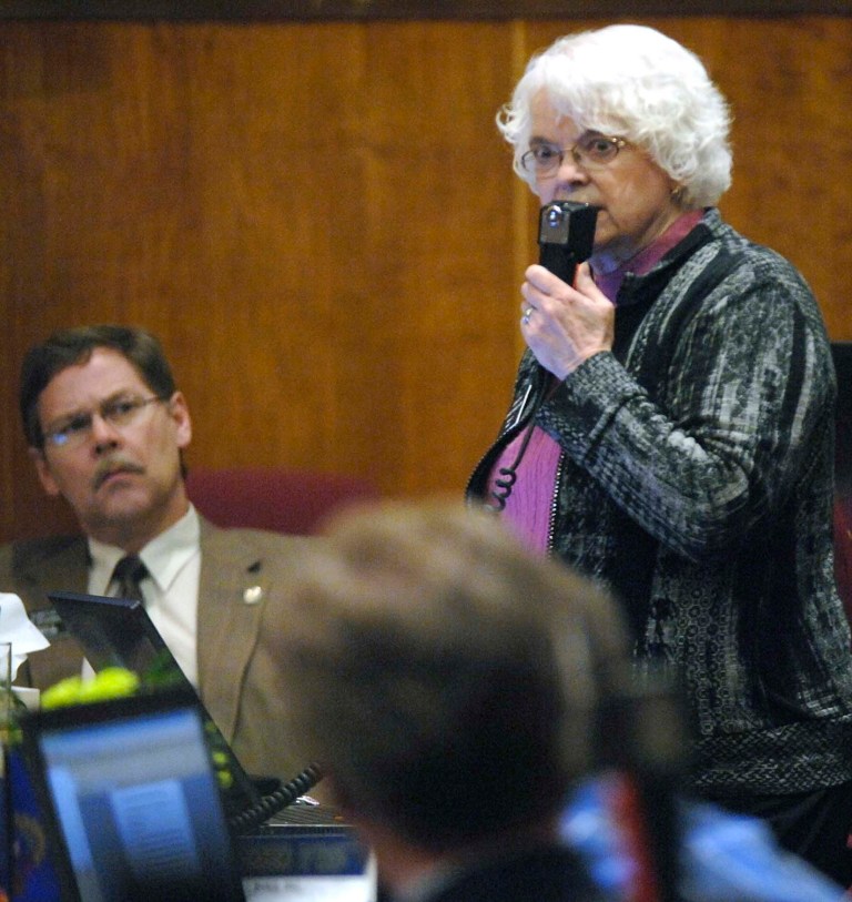 North Dakota state Sen. Carolyn Nelson, D-Fargo, speaks out against HB1305 during the chamber floor debate at the state Capitol, Friday, March 15, 2013 in Bismarck, N.D. The North Dakota Senate overwhelmingly approved two anti-abortion bills Friday, one banning abortions as early as six weeks into a pregnancy and another prohibiting the procedure because of genetic defects such as Down syndrome. If the governor signs the measures, North Dakota would be the only state in the U.S. with those laws (AP Photo/The Bismarck Tribune, Mike McCleary)