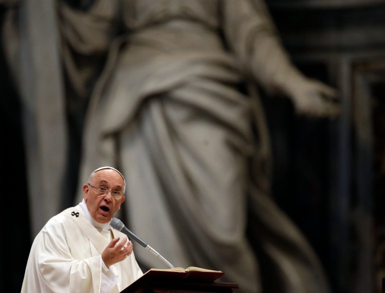 Pope Francis speaks during a ceremony in St. Peter's Basilica at the Vatican, Sunday, April 26, 2015. (AP Photo/Gregorio Borgia)
