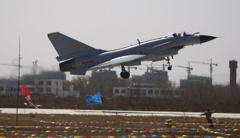 A jet takes off.