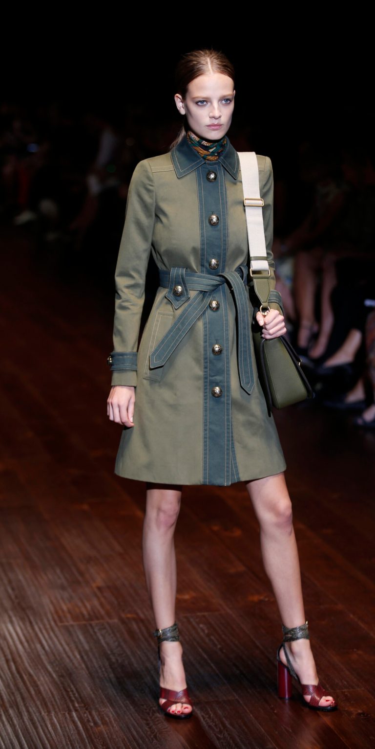 A model wears a creation for Gucci women's spring-summer 2015 collection, part of the Milan Fashion Week, unveiled in Milan, Italy, Wednesday, Sept. 17, 2014. (AP Photo/Luca Bruno)