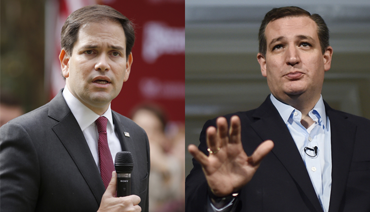 Sen. Ted Cruz (right) continued his fight with fellow Sen. Marco Rubio over immigration and the latter's initial support of the Gang of Eight bill, which died in 2013. (AP File Photos)