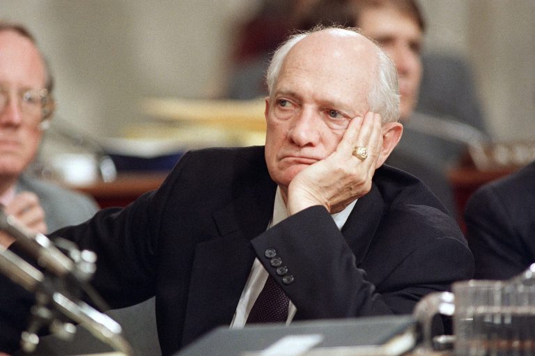   FILE - In this July 30, 1987, file photo, Rep. Jack Brooks, D-Texas rest his head on hand during the Iran-Contra hearings on Capitol Hill in Washington. Brooks, a Democrat who spent 42 years representing his Southeast Texas district, has died at age 89. (AP Photo/Lana Harris, File)  