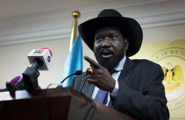 FILE - In this  Monday, Jan 20, 2014, file photo, South Sudan's President Salva Kiir speaks to the media at a press conference in Juba, South Sudan. Kiir has reached a cease-fire agreement with a rebel leader, a U.S. official said Friday, May 9, 2014, after a vicious cycle of revenge killings drew international alarm.(AP Photo/Mackenzie Knowles-Coursin, File)
