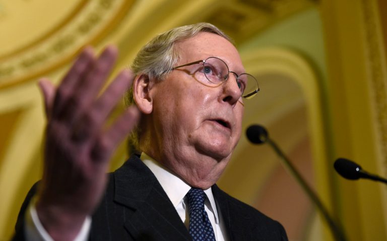 Senate Majority Leader Mitch McConnell of Ky. speaks to reporters on Capitol Hill in Washington, Tuesday, Jan. 13, 2015, following a Republican policy luncheon. (AP Photo/Susan Walsh)