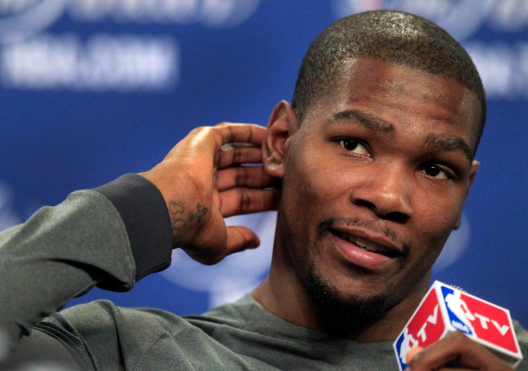   Oklahoma City Thunder's Kevin Durant speaks during news conference Wednesday, June 13, 2012, in Oklahoma City. Game 2 of NBA finals basketball between the Miami Heat and Othe Thunder is Thursday. (AP Photo/Sue Ogrocki)  