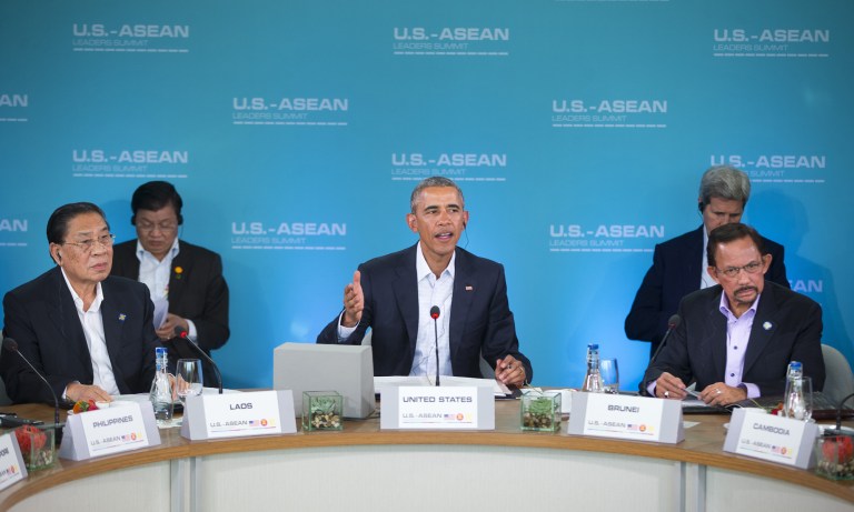 President Barack Obama, center, speaks at the plenary session meeting of ASEAN, the 10-nation Association of Southeast Asian Nations, at the Annenberg Retreat at Sunnylands in Rancho Mirage, Calif. (AP Photo/Pablo Martinez Monsivais)