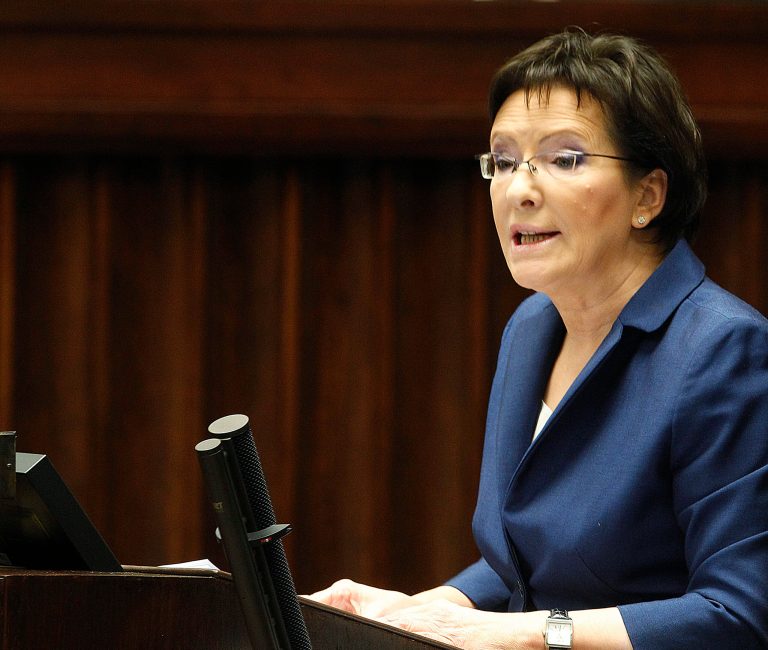 Poland's new prime minister Ewa Kopacz delivers her inaugural speech in the parliament in Warsaw, Poland, Wednesday, Oct. 1, 2014. Kopacz took over the post from Donald Tusk, who will head the European Council starting Dec. 1. (AP Photo/Czarek Sokolowski)