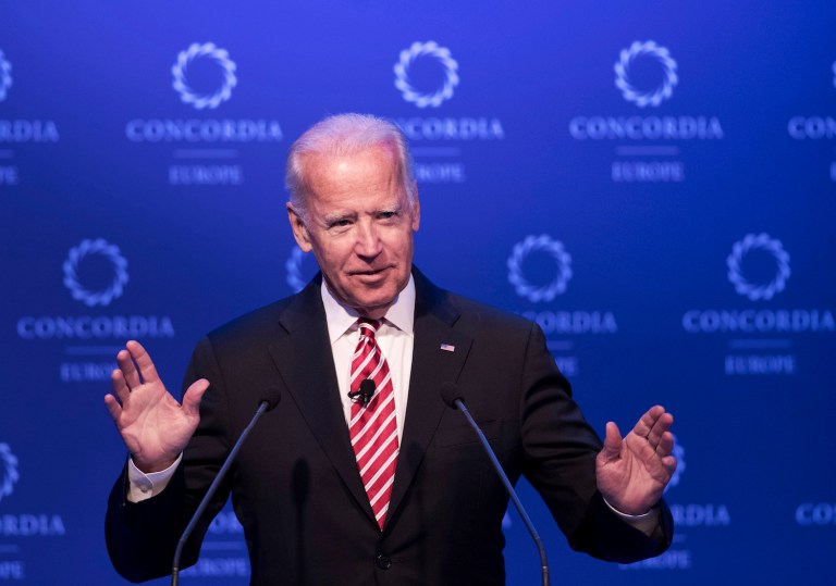 The former vice president then brought up the opioid addiction epidemic that is sweeping the nation. (AP Photo/Petros Giannakouris)