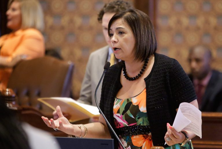 Illinois Sen. Iris Martinez, D-Chicago, argues legislation while on the Senate floor during session at the Illinois State Capitol Thursday, May  29, 2014, in Springfield Ill. (AP Photo/Seth Perlman)